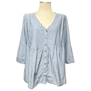 J.Jill Pintuck Tunic Top Roll Tab Sleeves V-Neck Button Up Chambray Blue XL